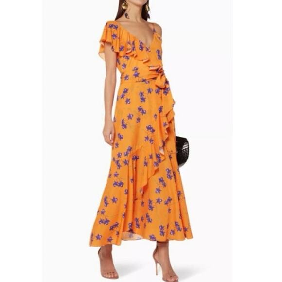 Borgo De Nor Orange Purple Floral Isadora Ruffled Cocktail Maxi Dress Size 10 - Picture 2 of 7